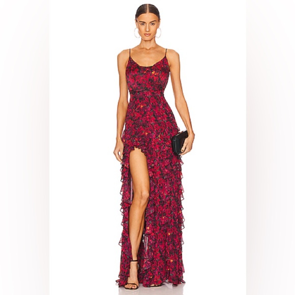cinq a sept Red Floral High-Low Ruffle Gown